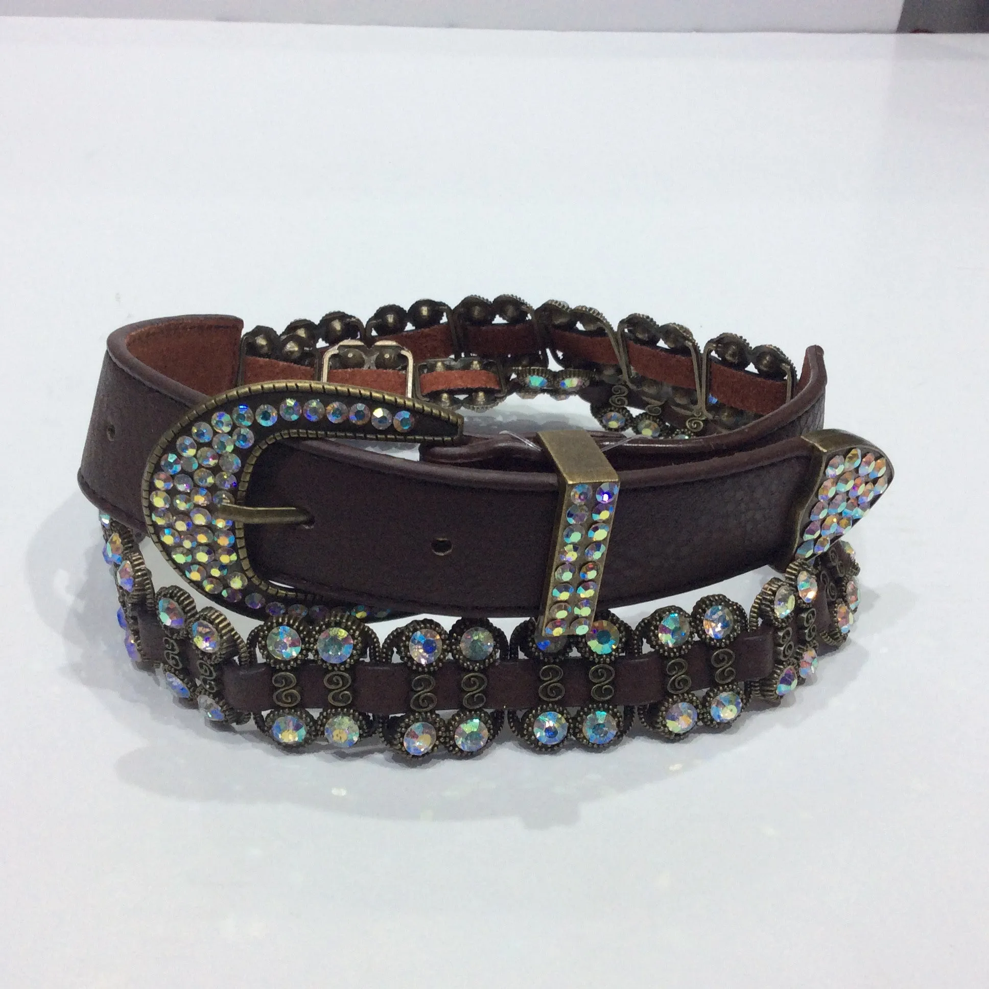 Belts-Wide Brown Leather with Crystal and Bronze Embellishments