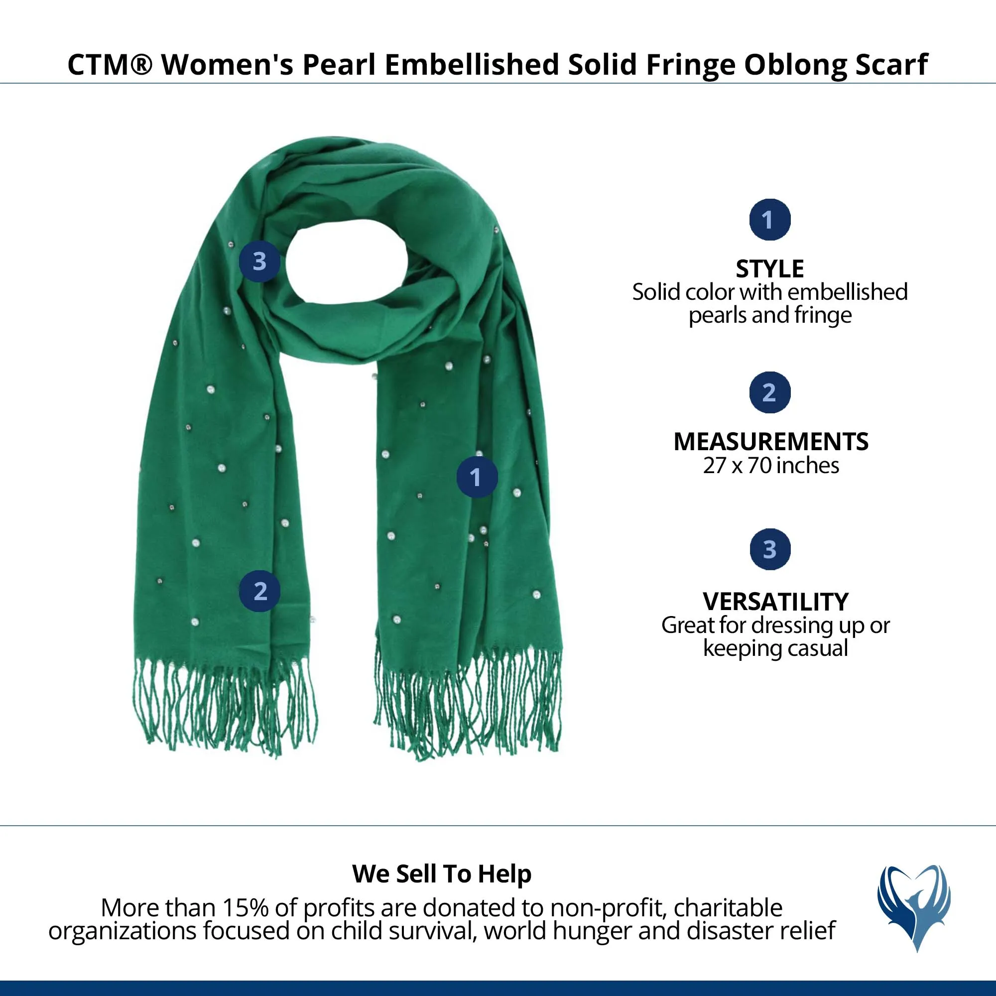 CTM® Women's Pearl Embellished Solid Fringe Oblong Scarf