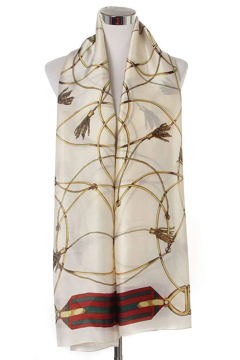 Elegant Tassel & Buckle Print Silk Scarf in various colours