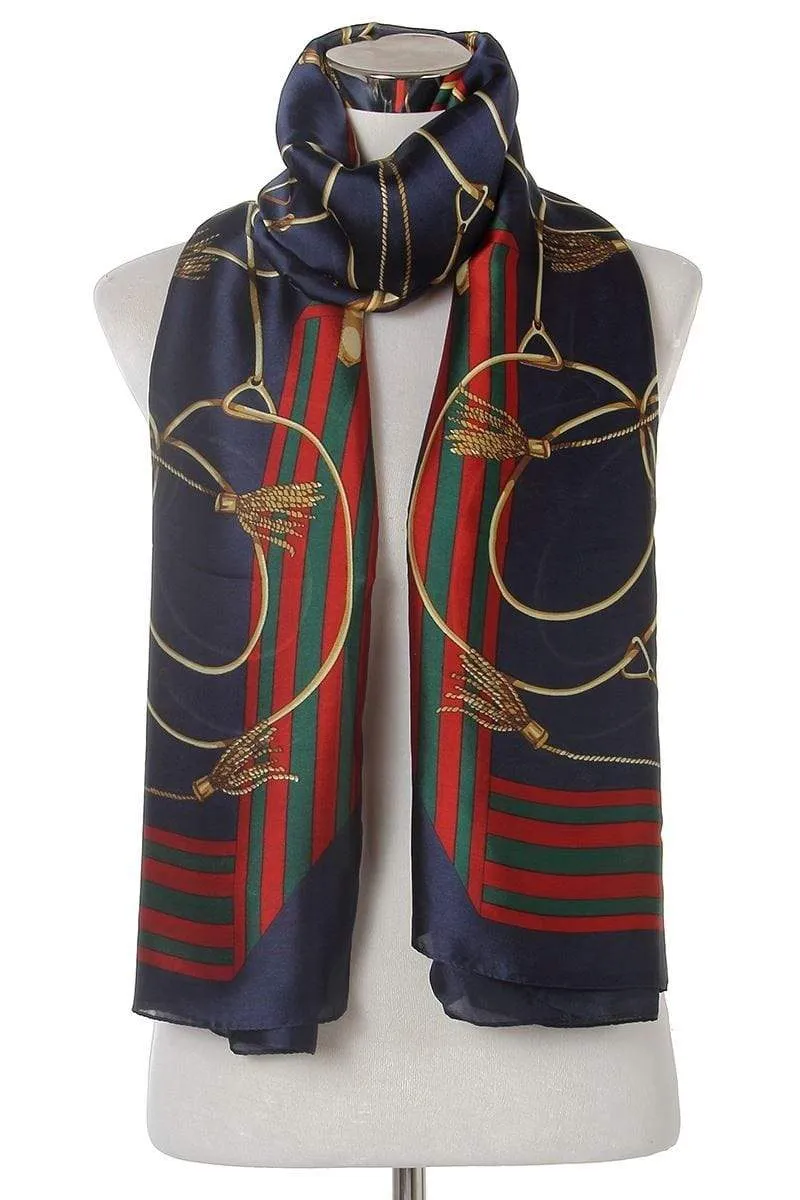 Elegant Tassel & Buckle Print Silk Scarf in various colours